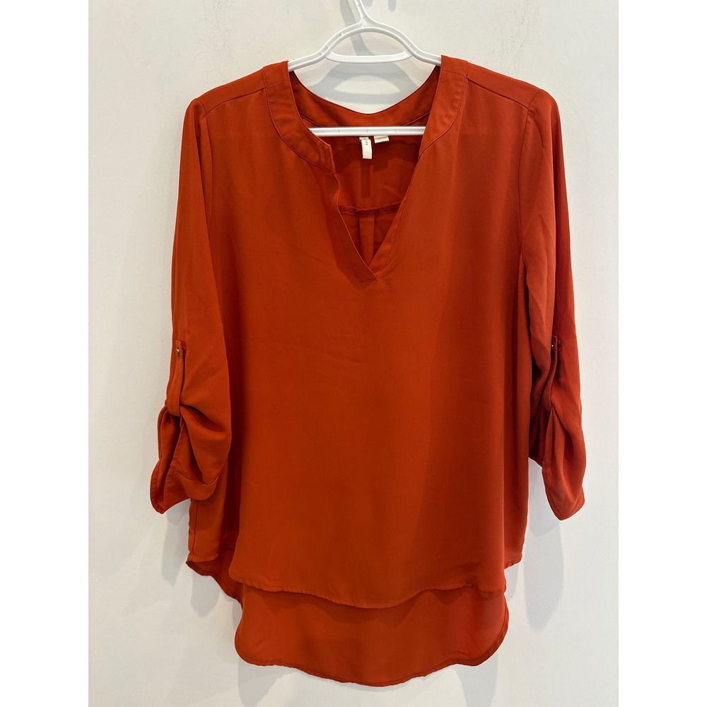 Cato Womens Burnt Orange Roll Tab Sleeve V-Neck Blouse Top Size M RN37080